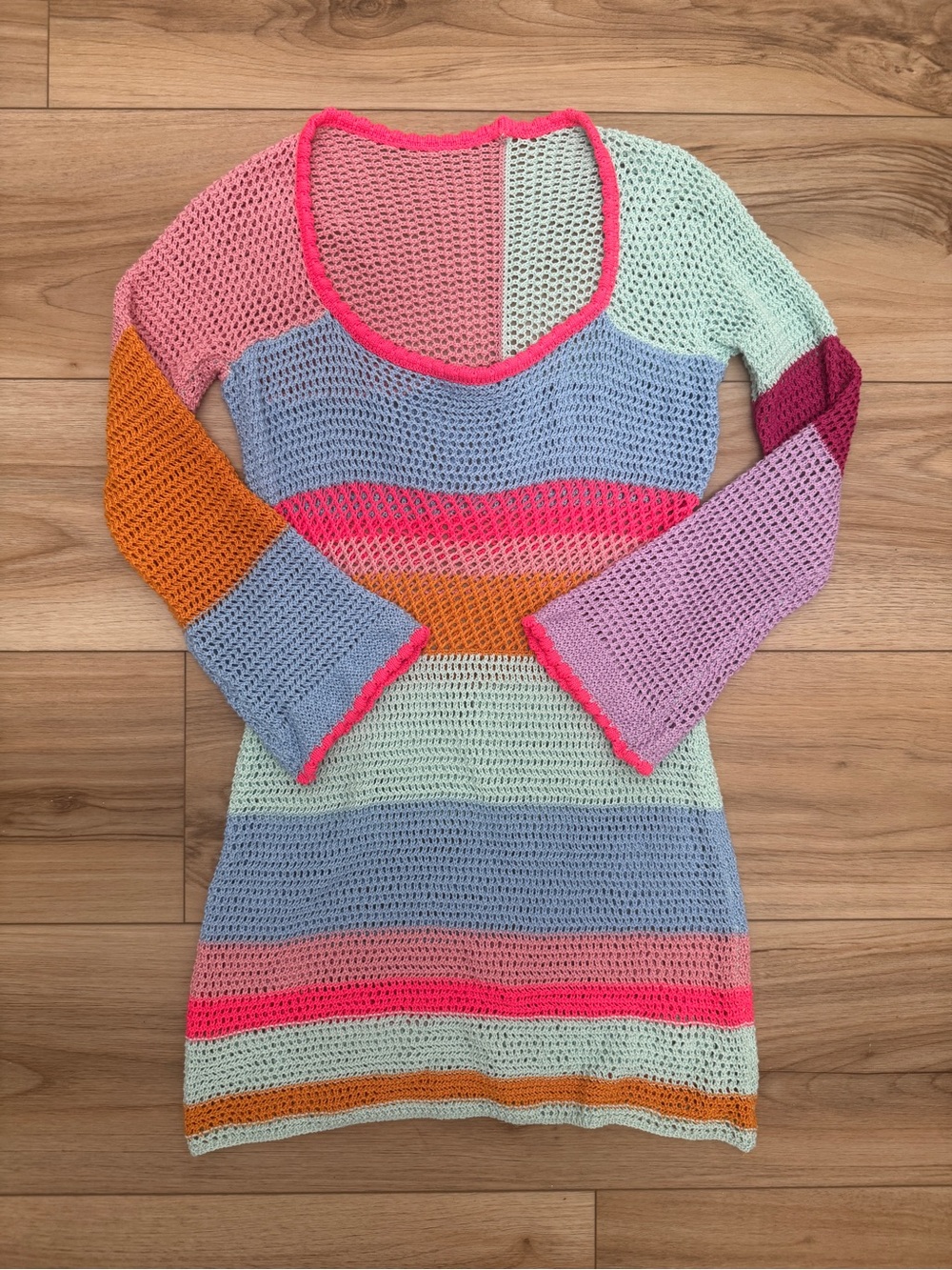 SOLD • Striped Crochet Beach Cover-Up Mini Dress in Pastel Rainbow Size Large - Picture 4 of 7